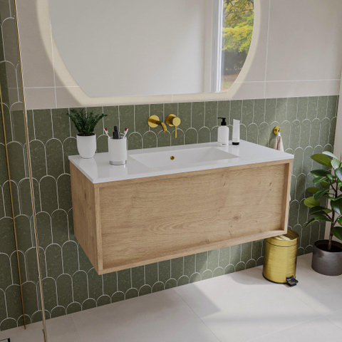 Saniclass Holz Frame Meuble de salle de bain - 100x45x40cm - lavabo en céramique blanc - 1 vasque - sans trous de robinet - 1 tiroirs - Chêne Natural SW1437751