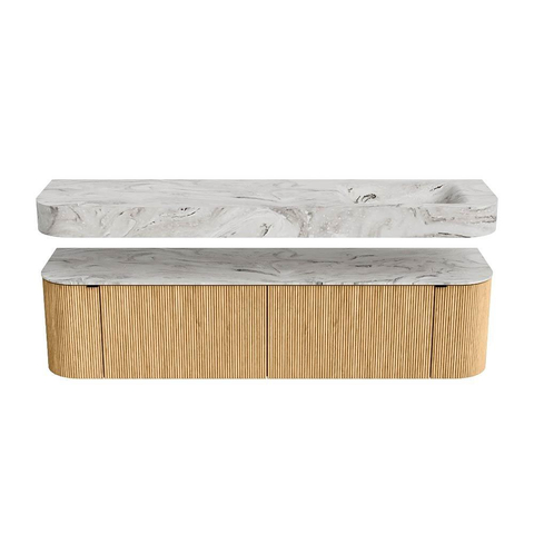 MONDIAZ THOR-DLUX 180cm badmeubel ronding links + rechts kleur Oak met 2 lades en 2 deuren. Vrijhangende wastafel CLOUD Rechts zonder kraangat kleur Glace. SW1465911