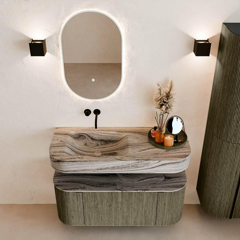 MONDIAZ THOR-DLUX Meuble de salle de bains 110cm arrondi gauche + droite couleur Shadow avec 1 tiroir et 2 portes. Vasque suspendue CLOUD Gauche sans trou de robinet couleur Sombra. SW1463024