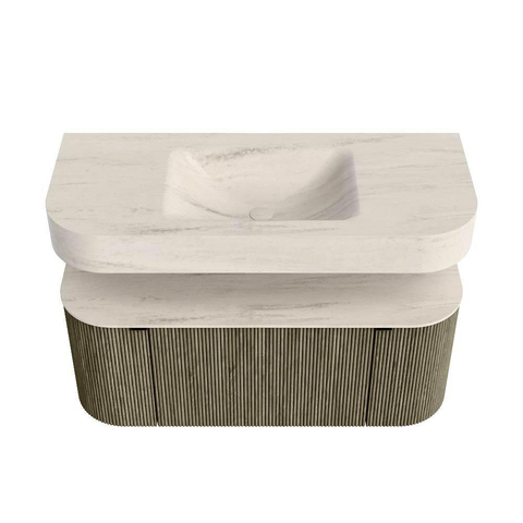MONDIAZ THOR-DLUX 110cm meuble de salle de bains arrondi gauche + droite couleur Shadow avec 1 tiroir et 2 portes. Vasque suspendue CLOUD Milieu sans trou de robinet couleur Meli. SW1462926