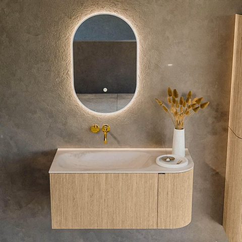 MONDIAZ KURVE-DLUX Meuble de salle de bains 95cm arrondi à droite couleur Oak avec 1 tiroir et 1 porte. Lavabo BIG SMALL à gauche sans trou de robinet Meli. SW1431561