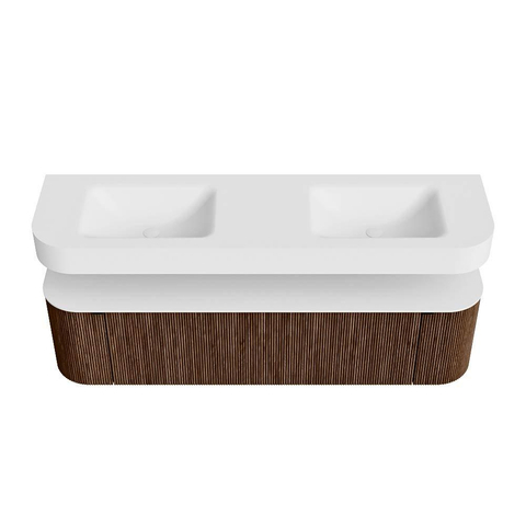 MONDIAZ THOR 170cm meuble de salle de bains arrondi gauche + droite couleur Walnut avec 1 tiroir et 2 portes. Vasque suspendue CLOUD Double sans trou de robinet couleur Talc. SW1467687