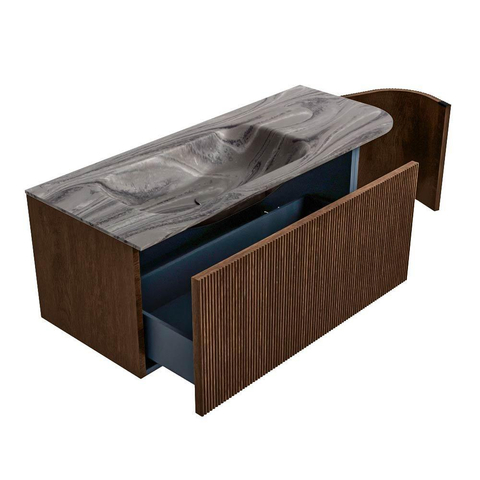 MONDIAZ KURVE-DLUX 115cm meuble de salle de bains arrondi Droite couleur Walnut avec 1 tiroir et 1 porte. Lavabo BIG SMALL Gauche sans trou de robinet Sombra. SW1433659