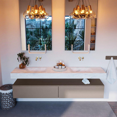 Mondiaz ALAN-DLUX Ensemble de meuble - 200cm - meuble Smoke mat - 2 tiroirs - Lavabo Cloud Opalo suspendu - vasque Gauche et droite - 0 trous de robinet SW806874