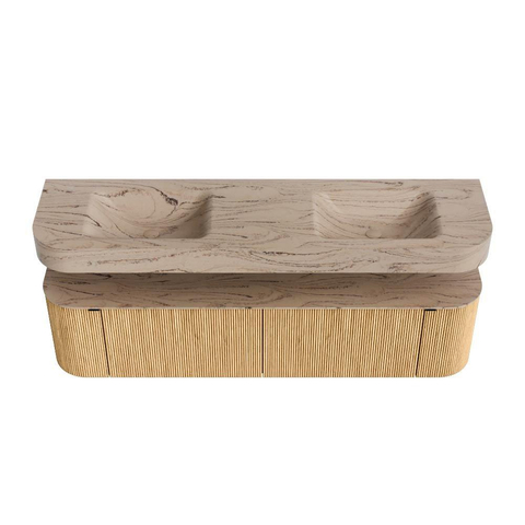 MONDIAZ THOR-DLUX 180cm badmeubel ronding links + rechts kleur Oak met 2 lades en 2 deuren. Vrijhangende wastafel CLOUD Dubbel 2 kraangaten kleur Arena. SW1466118