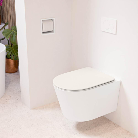 Mondiaz LAVIE hangtoilet – spoelrandloos – 36 x 53 cm – met softclose zitting – Talc (wit), zitting Linen (offwhite) SW1208788