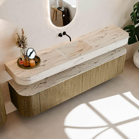 MONDIAZ THOR-DLUX 200cm meuble de salle de bains arrondi gauche + droite couleur Dusk avec 2 tiroirs et 2 portes. Vasque suspendue CLOUD Milieu sans trou de robinet couleur Nata. SW1467149