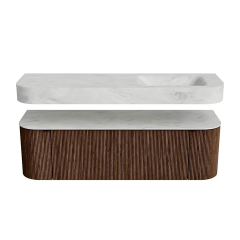MONDIAZ THOR-DLUX 150cm badmeubel ronding links + rechts kleur Walnut met 1 lade en 2 deuren. Vrijhangende wastafel CLOUD Rechts zonder kraangat kleur Opalo. SW1464678