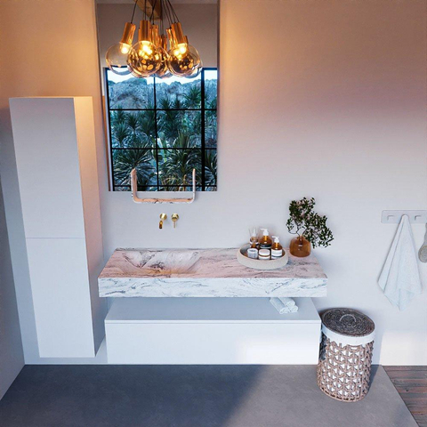Mondiaz ALAN-DLUX Ensemble de meuble - 130cm - meuble Talc mat - 1 tiroir - Lavabo Cloud Glace suspendu - vasque Gauche - 0 trous de robinet SW805240
