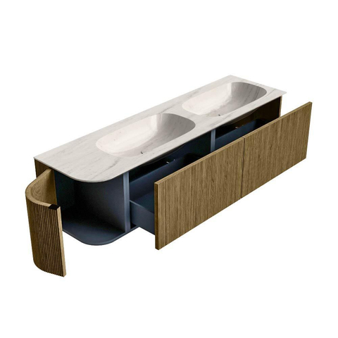 MONDIAZ KURVE-DLUX 165cm meuble de salle de bains arrondi gauche couleur Dusk avec 2 tiroirs et 1 porte. Lavabo STOR SMALL Double / Droite 2 trous de robinet Meli. SW1431946