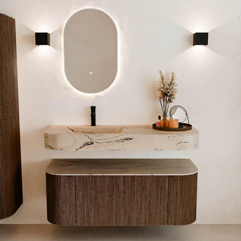 MONDIAZ THOR-DLUX 120cm meuble de salle de bains arrondi gauche + droite couleur Walnut avec 1 tiroir et 2 portes. Vasque suspendue CLOUD gauche 1 trou de robinet couleur Arena. SW1463401