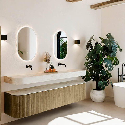 MONDIAZ THOR-DLUX 200cm meuble de salle de bains arrondi gauche + droite couleur Dusk avec 2 tiroirs et 2 portes. Vasque suspendue CLOUD Double sans trou de robinet couleur Ostra. SW1466858