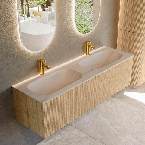 MONDIAZ KURVE-DLUX Meuble de salle de bains 150 cm couleur Oak avec 2 tiroirs et 0 portes. Lavabo STOR SMALL Double 2 trous de robinet Meli. SW1431651