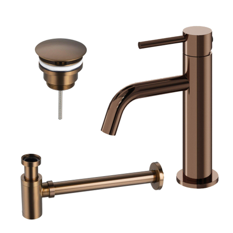 Fortifura Calvi Slim Wastafelkraanset - lage wastafelkraan - always open plug - verlaagde design - sifon - PVD - geborsteld koper SW1079954