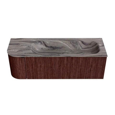 MONDIAZ KURVE-DLUX Meuble de salle de bains 135cm arrondi à gauche couleur Ruby avec 1 tiroir et 1 porte. Lavabo BIG MEDIUM à droite 1 trou de robinet Sombra. SW1433966