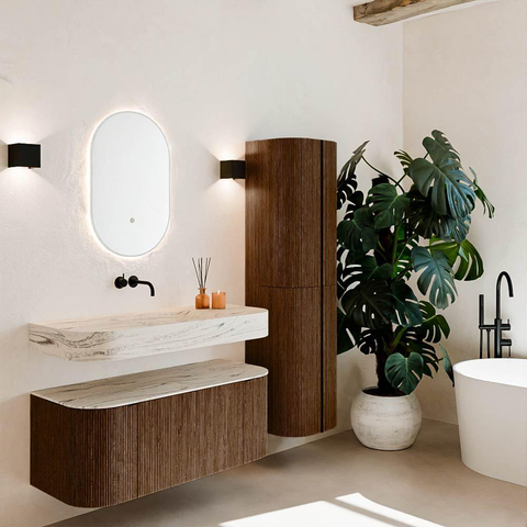 MONDIAZ THOR-DLUX 110cm badmeubel ronding links + rechts kleur Walnut met 1 lade en 2 deuren. Vrijhangende wastafel CLOUD Midden zonder kraangat kleur Nata. SW1462940