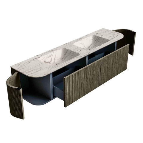 MONDIAZ KURVE-DLUX Meuble de salle de bains 180cm arrondi gauche + droite couleur Shadow avec 2 tiroirs et 2 portes. Lavabo LEAF Double 2 trous de robinet Nata. SW1432327