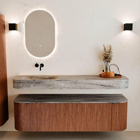 MONDIAZ THOR-DLUX 160cm meuble de salle de bains arrondi gauche + droite couleur Ruby avec 1 tiroir et 2 portes. Vasque suspendue CLOUD Gauche sans trou de robinet couleur Oza. SW1465330