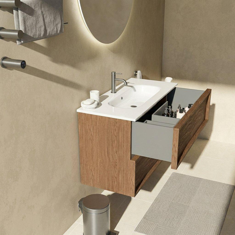 Saniclass Holz Frame Ensemble de meubles de salle de bains - 100x45x73.9cm - Vasque Chaci en céramique blanche - 1 vasque - 1 trou de robinet - 2 tiroirs - walnut pure mat (bois) SW1580115