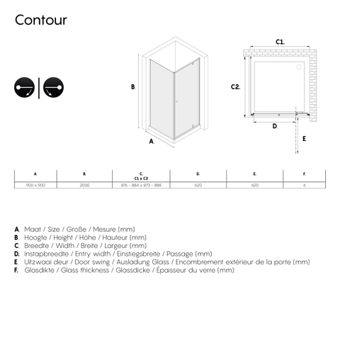 Sealskin Contour draaideur met zijwand 90x90 cm, 200 cm hoog, zwart, 6 mm helder veiligheidsglas SW296197