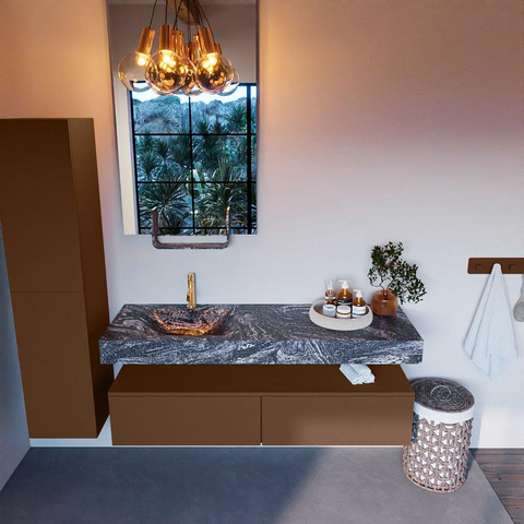 Mondiaz ALAN-DLUX Ensemble de meuble - 150cm - meuble Rust mat - 2 tiroirs - Lavabo Cloud Lava suspendu - vasque Gauche - 1 trou de robinet SW808452