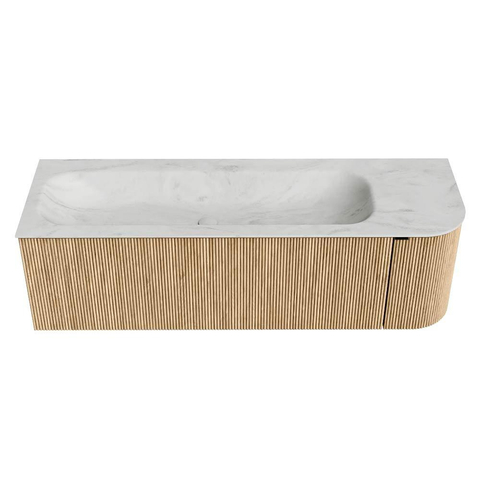 MONDIAZ KURVE-DLUX meuble de salle de bains 145 cm avec module 25 R couleur Oak avec 1 tiroir et 1 porte. Lavabo BIG LARGE gauche sans trou de robinet couleur Opalo. SW1138545