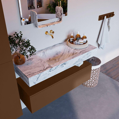 Mondiaz ALAN-DLUX Ensemble de meuble - 110cm - meuble Rust mat - 1 tiroir - Lavabo Cloud Glace suspendu - vasque Centre - 0 trous de robinet SW806018