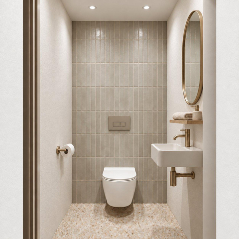 Adema Salina 2.0 Toiletset - 48.5x36x32cm - diepspoel - spoelrandloos - QeramiQ inbouwreservoir - softclose - quickrelease - toiletzitting - taupe kunststof bedieningsplaat - rechthoekige knoppen - wit SW1474576