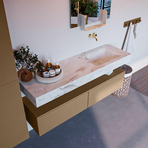 Mondiaz ALAN-DLUX Ensemble de meuble - 150cm - meuble Oro mat - 2 tiroirs - Lavabo Cloud Frappe suspendu - vasque Droite - 0 trous de robinet SW804981