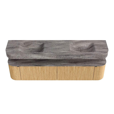 MONDIAZ THOR-DLUX 200cm meuble de salle de bains arrondi gauche + droite couleur Oak avec 2 tiroirs et 2 portes. Vasque suspendue CLOUD Double sans trou de robinet couleur Oza. SW1467189