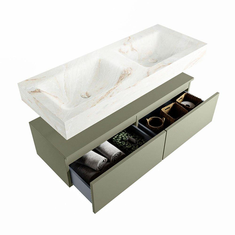 Mondiaz ALAN-DLUX Ensemble de meuble - 120cm - meuble Army mat - 2 tiroirs - Lavabo Cloud Frappe suspendu - vasque Gauche et droite - 0 trous de robinet SW805673