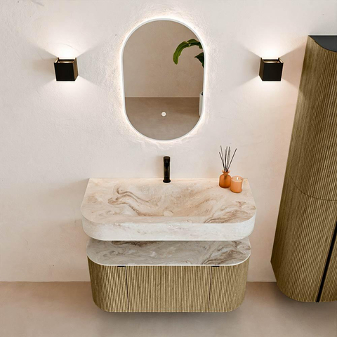 MONDIAZ THOR-DLUX 100cm meuble de salle de bains arrondi gauche + droite couleur Dusk avec 1 tiroir et 2 portes. Vasque suspendue CLOUD Milieu 1 trou de robinet couleur Frappe. SW1467397