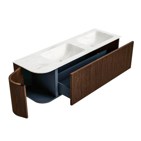 MONDIAZ KURVE-DLUX Meuble de salle de bains 145 cm avec module 25 L couleur Walnut avec 1 tiroir et 1 porte. Lavabo LEAF double / à droite 2 trous de robinet couleur Ostra. SW1137866