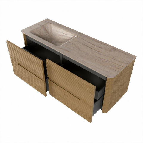 Mondiaz CIRO-DLUX Ensemble de meubles de salle de bains - 130x45x50cm - Plan vasque Solid surface Saba - 1 lavabo à gauche - 1 trou de robinet - 4 tiroirs - Chêne SW1531184