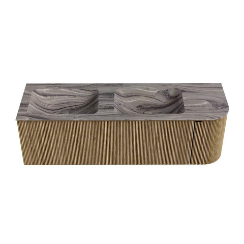 MONDIAZ KURVE-DLUX meuble de salle de bains 145cm arrondi à droite couleur Dusk avec 1 tiroir et 1 porte. Lavabo LEAF double / à gauche 2 trous de robinet Sombra. SW1433889