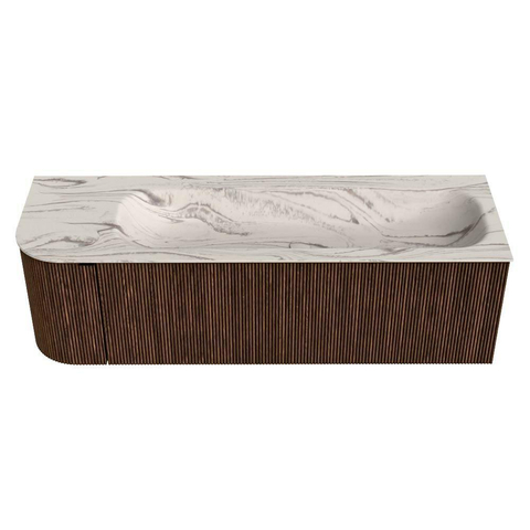 MONDIAZ KURVE-DLUX 145cm badmeubel ronding Links kleur Walnut met 1 lade en 1 deur. Wastafel BIG LARGE Rechts zonder kraangat Nata. SW1432204