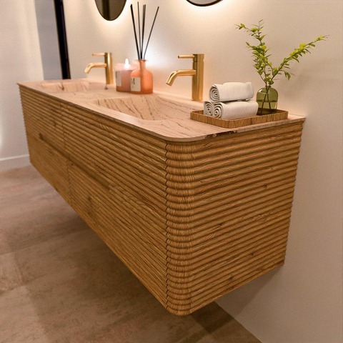 Mondiaz CIRO-DLUX Badkamermeubelset - 170x45x50cm - Solid surface wastafel Arena - 2 wasbak Dubbel - 2 kraangaten - 4 lades - Oak SW1531366