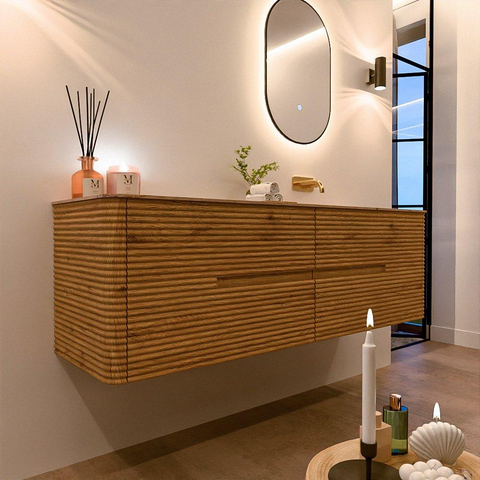 Mondiaz CIRO-DLUX Badkamermeubelset - 160x45x50cm - Solid surface wastafel Arena - 1 wasbak Rechts - zonder kraangaten - 4 lades - Oak SW1531349
