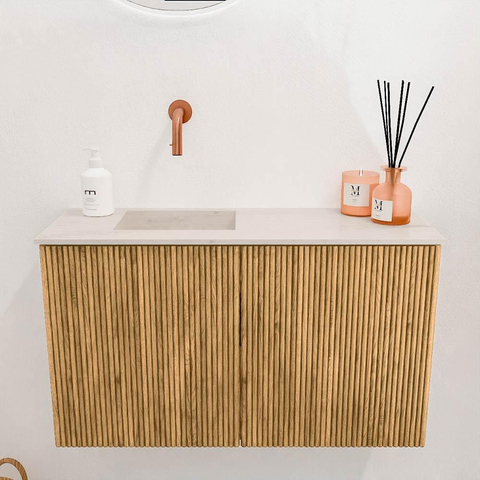Mondiaz JOYA-DLUX 70cm toiletmeubel - kleur Oak - Wastafel FAYE positie Links Zonder kraangat kleur Meli. SW1423943