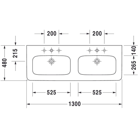 Duravit Durastyle Dubbele wastafel - 130x48cm - met 2 kraangaten - met overloop - wit SW88235
