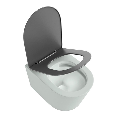 Mondiaz LAVIE hangtoilet – spoelrandloos – 36 x 53 cm – met softclose zitting – Greey (lichtgroen/grijs), zitting Dark grey (grijs) SW1208601