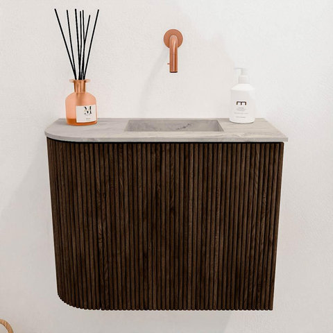 Mondiaz JOYA-DLUX 51.6cm toiletmeubel - ronding links kleur Walnut - Wastafel FAYE positie Rechts Zonder kraangat kleur Glace. SW1422409