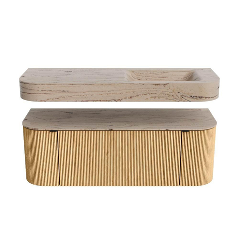 MONDIAZ THOR-DLUX Meuble de salle de bains 130cm arrondi gauche + droite couleur Oak avec 1 tiroir et 2 portes. Vasque suspendue CLOUD Droite 1 trou de robinet couleur Arena. SW1463788