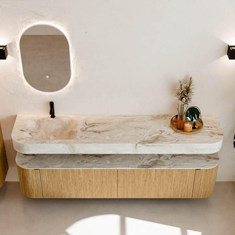 MONDIAZ THOR-DLUX 200cm meuble de salle de bains arrondi gauche + droite couleur Chêne avec 2 tiroirs et 2 portes. Vasque suspendue CLOUD Gauche 1 trou de robinet couleur Frappe. SW1466933