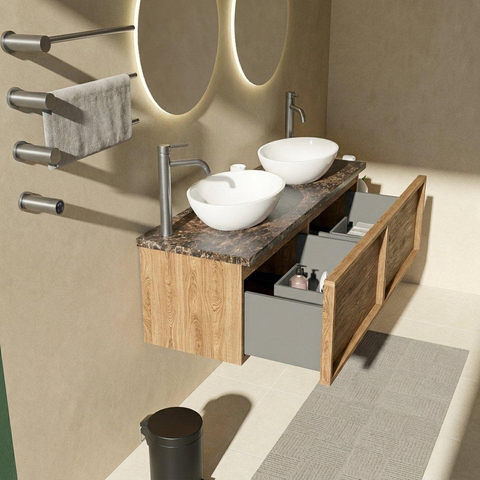 Saniclass Holz Frame Badkamermeubelset - 140x45x43cm - Noche natuurstenen topblad dark emperador - 2 kraangaten - 2 lades - mat eiken natural (hout) SW1478322