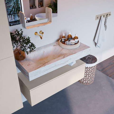 Mondiaz ALAN-DLUX Ensemble de meuble - 100cm - meuble Linen mat - 1 tiroir - Lavabo Cloud Frappe suspendu - vasque Gauche - 0 trous de robinet SW805386