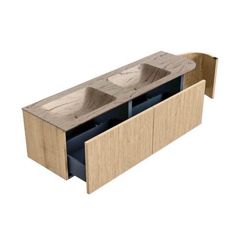 MONDIAZ KURVE-DLUX 155cm badmeubel ronding Rechts kleur Oak met 2 lades en 1 deur. Wastafel LEAF Dubbel / Links zonder kraangat Arena. SW1431146