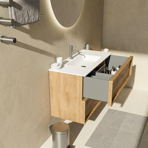 Saniclass Holz Frame Ensemble de meubles de salle de bains - 100x45x61.5cm - Flow lavabo en solid surface blanc - 1 vasque - 1 trou de robinetterie - 2 tiroirs - chêne natural mat (bois) SW1580065
