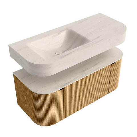 MONDIAZ THOR-DLUX Meuble de salle de bains 110cm arrondi gauche + droite couleur Oak avec 1 tiroir et 2 portes. Vasque suspendue CLOUD Gauche sans trou de robinet couleur Meli. SW1462914