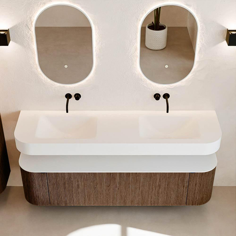 MONDIAZ THOR 170cm meuble de salle de bains arrondi gauche + droite couleur Walnut avec 1 tiroir et 2 portes. Vasque suspendue CLOUD Double sans trou de robinet couleur Talc. SW1467687